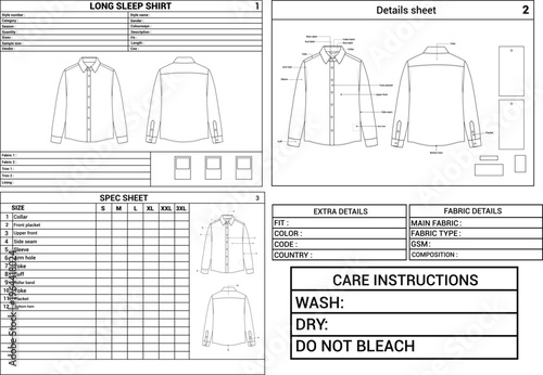 Men’s Full Sleeve Shirt Tech Pack Template Front and Back View