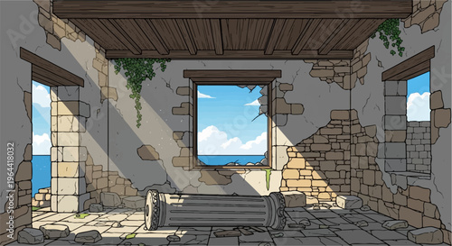 Sunlit ruins with broken columns and ocean view through windows
