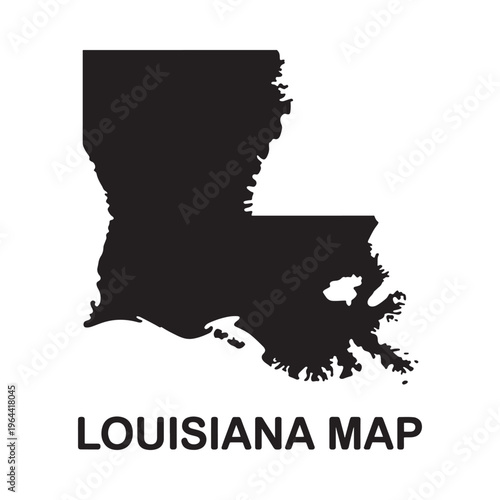 A stark black silhouette of the state of louisiana with text below