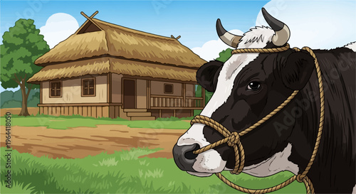 Farm scene with cow and thatched house under a blue sky