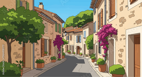 Sunny Mediterranean village street lined with colorful buildings and plants
