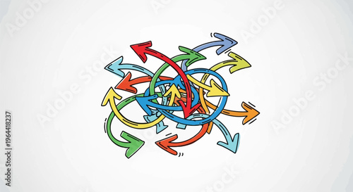 Chaotic tangle of colorful hand-drawn arrows pointing in multiple directions