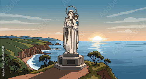 Coastal monument overlooking ocean at sunset with serene sky and green hills