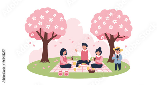 People enjoy a picnic under blooming cherry blossom trees in a park