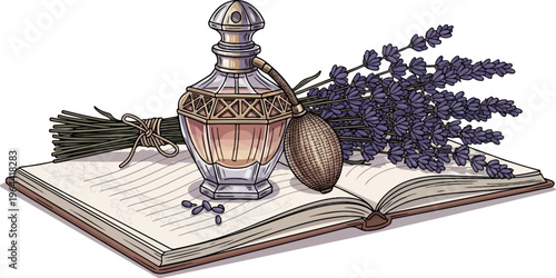 Elegant perfume bottle with lavender and open book on white background