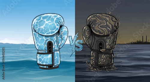 Two boxing gloves, one clear blue, one murky brown, face off