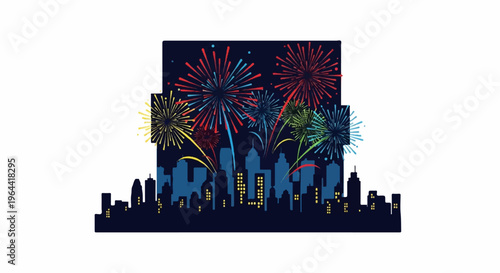 Colorful fireworks explode over a dark city skyline at night