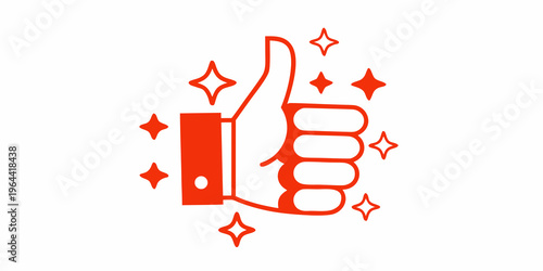 A vibrant red thumbs up illustration surrounded by sparkling star shapes