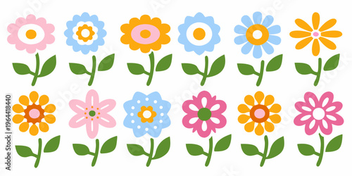 A collection of colorful stylized flowers with simple green stems