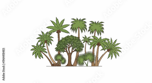 Stylized illustration of a cluster of palm trees and other lush green foliage