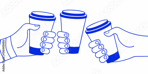 Two pairs of hands clinking disposable coffee cups in a toast