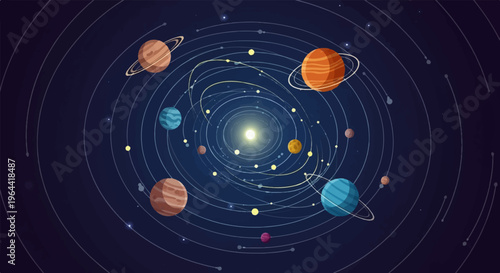 Stylized illustration of planets orbiting a central star in a vast cosmos
