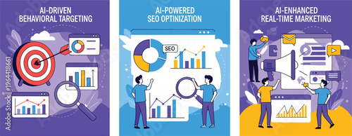 AI marketing illustration set featuring behavioral targeting SEO optimization and real-time digital marketing concepts with data charts and characters.