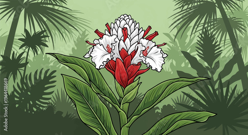 A vibrant ginger flower blooms amidst lush green jungle foliage