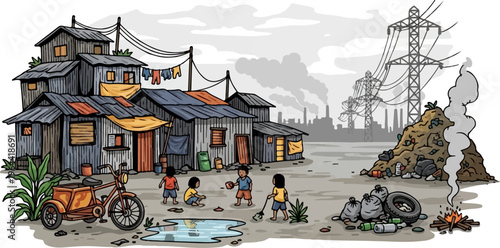 Children play in a polluted urban slum near a garbage dump and power lines
