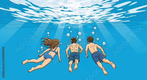 Three people swim underwater in blue water with sun rays and bubbles