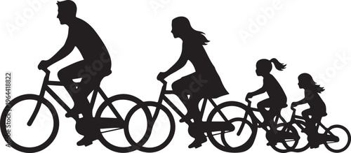 Family riding bicycles, black silhouette, vector icons, cycling family, bike riders