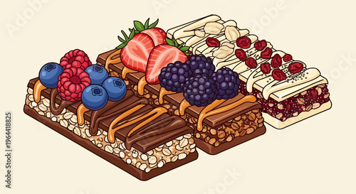 Assortment of colorful, fruit-topped granola bars and cereal treats