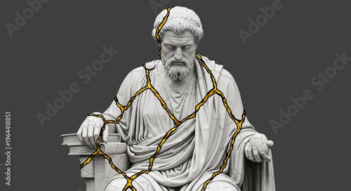 Ancient statue with golden cracks, holding a book and orb