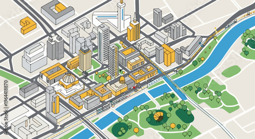 An isometric map depicts a vibrant cityscape with urban development and natural elements