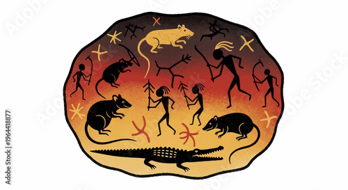 Ancient rock art depicts primitive humans hunting animals in a warm, fiery landscape