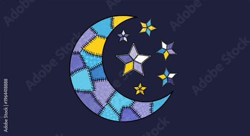 A patchwork crescent moon and stars against a dark blue background