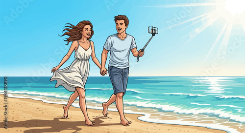 A joyful couple walks hand-in-hand on a sunny beach, taking a selfie