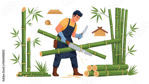 Artisan at Work: An artisan meticulously saws through bamboo with precision and skill, embodying the art of craftsmanship and sustainable building practices.