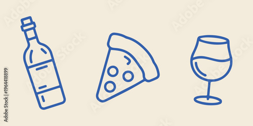 Wine pizza slice and glass doodle icons simple vector set Doodle food icons wine bottle pizza slice and glass illustration