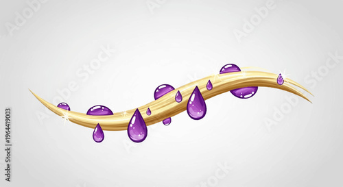 A golden strand of hair glistens with sparkling purple droplets