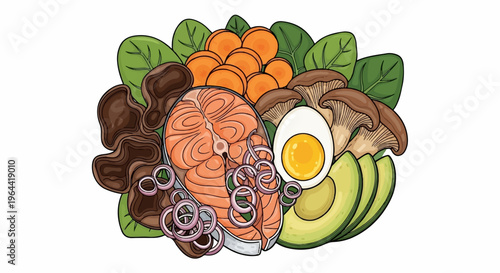 A delicious meal presentation with salmon, avocado, egg, mushrooms, carrots, onions, and spinach