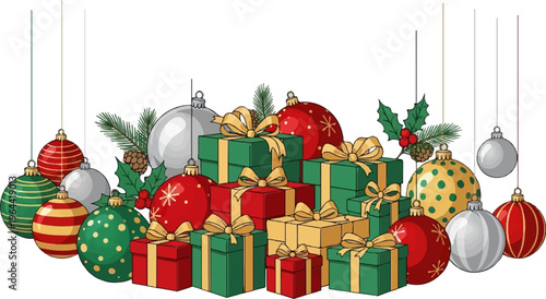 A festive collection of stacked Christmas gifts and hanging ornaments