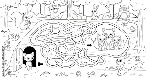 A woodland maze features cute animals, with a fox entering a burrow and others awaiting