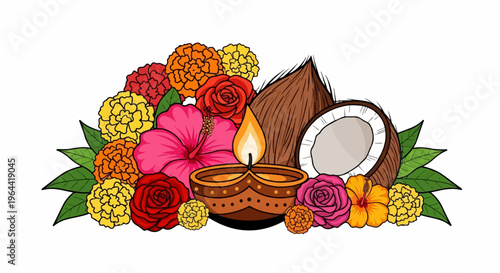 A decorative arrangement of flowers, a lit oil lamp, and coconuts