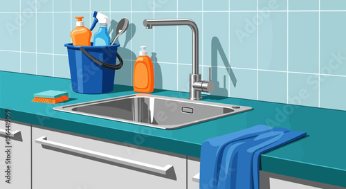 Cleaning supplies on a teal kitchen counter with a stainless steel sink