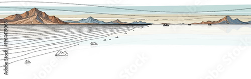 Vast desert expanse with distant mountains, sparse rocks, and distant vehicles