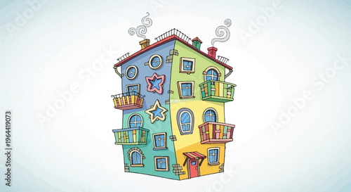 A whimsical, multi-colored, cartoonish house with quirky windows and balconies