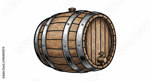 A wooden barrel with metal bands and a spigot, isolated on white