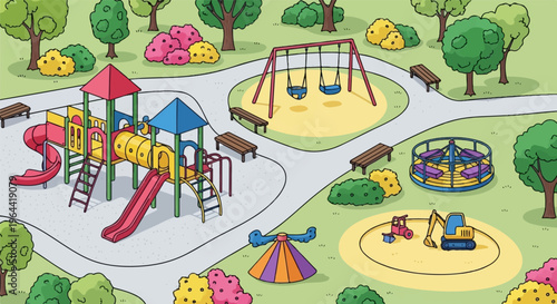 A vibrant park with diverse play structures, trees, and benches
