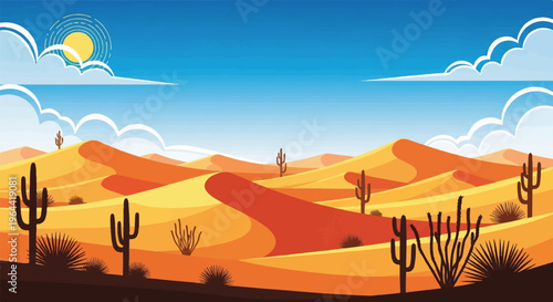 Vibrant desert landscape with rolling dunes, sparse cacti, and bright sun under a blue sky