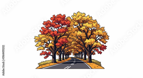 A picturesque road lined with trees in full autumn foliage