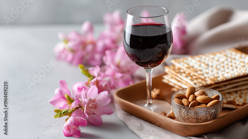 the concept of the jewish holiday of rosh hashanah, with a top view on a light background featuring pink flowers and nuts, a glass of wine in a silver cup, and matzah with a wooden