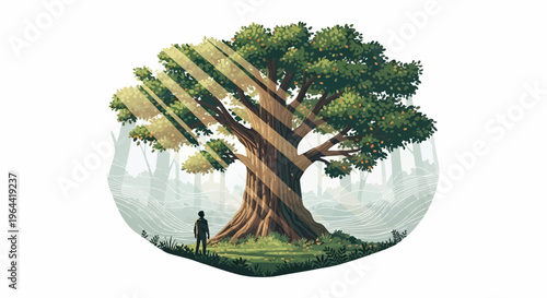 A lone figure stands before an immense, sun-dappled ancient tree