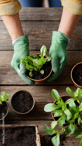a photograph of someone planting plants while wearing gardening gloves, with potting mix in the background and some flower pots scattered around on a table, taken from a top-down,