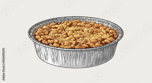 A drawing of a foil pie tin filled with golden brown crumble topping