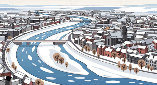 A charming winter cityscape unfolds with a winding river and snow-covered rooftops