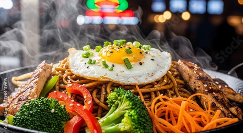 Steaming stir fried noodle with grilled meat and fried egg. Asian style gourmet dish with vegetable in a hot pan. Healthy delicious meal for fast food restaurant menu design.