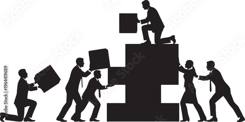 Dedicated business team collaborating to assemble a large puzzle, symbolizing strategic partnership, collective effort, and successful problem-solving in corporate development