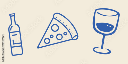 Wine pizza slice and glass doodle icons simple vector set Doodle food icons wine bottle pizza slice and glass illustration