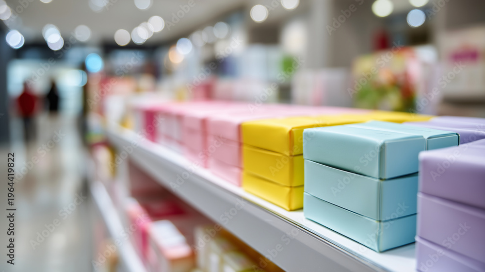 Fototapeta premium Close-up of diverse minimalist packaging of affordable menstrual products on a bright convenience store shelf, Market Competition concept, sharp focus on the recycled paper boxes a